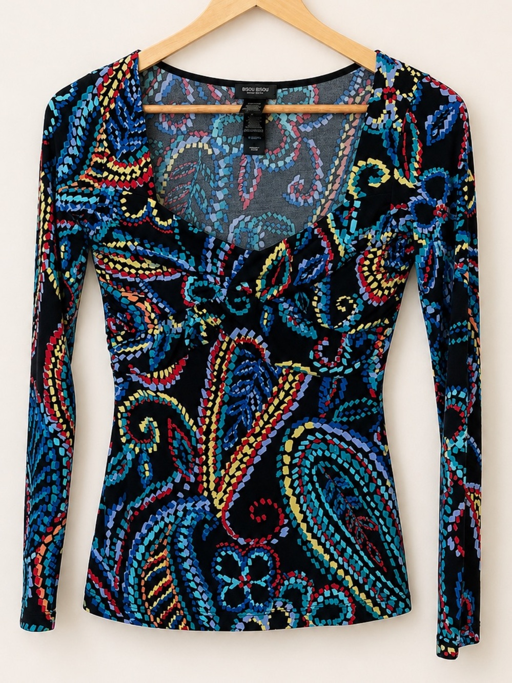 Bisou Bisou Paisley Twist Front Top XS Black Multicolor Long Sleeve Stretch Boho